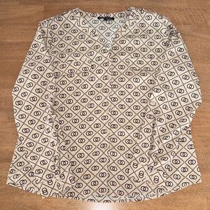 Como Black Cream Patterned Blouse Size L Ruffle Boho Chic Work Office Top